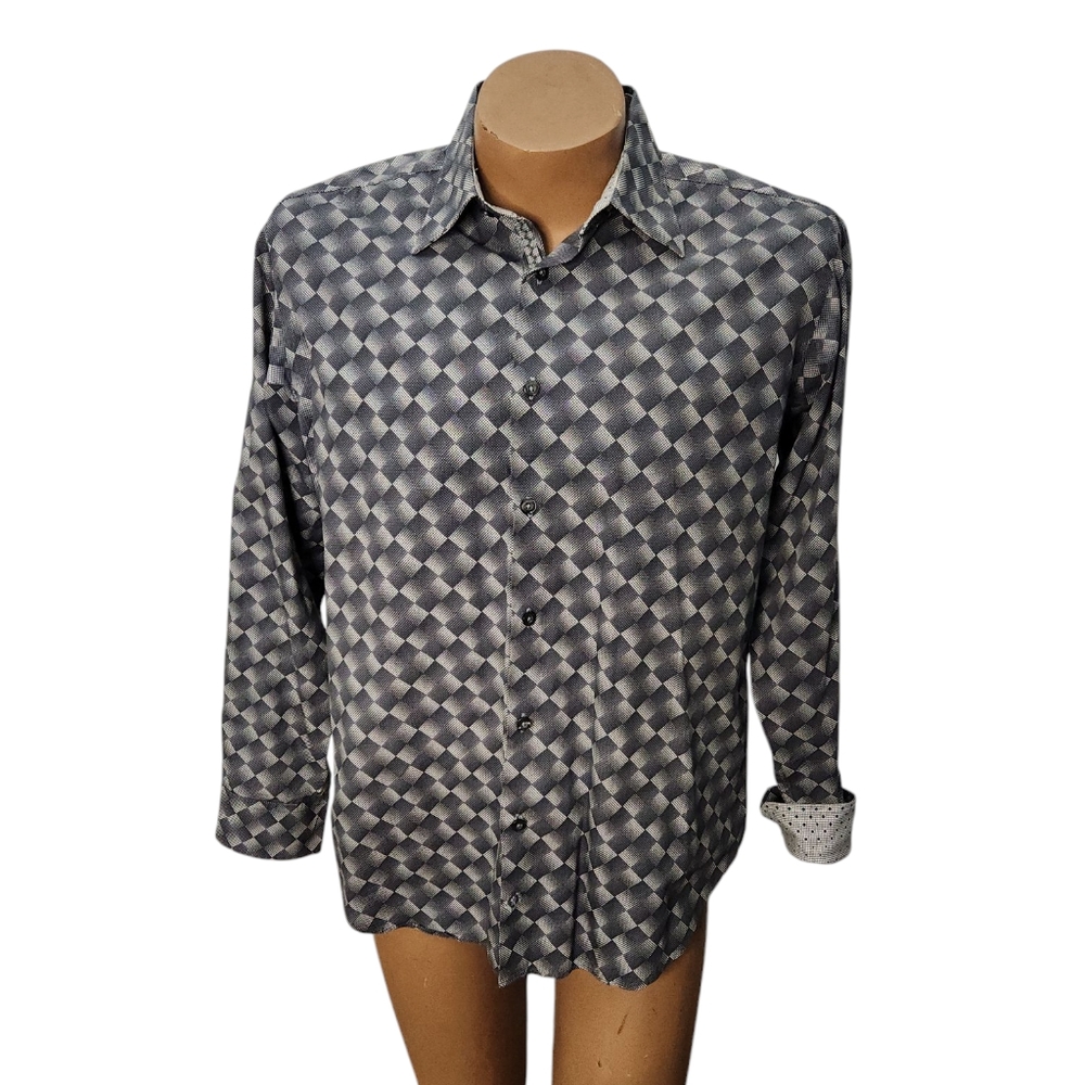 Bugatchi Uomo Gray and Black Contrast Roll Back Cuffs  Size Large‎